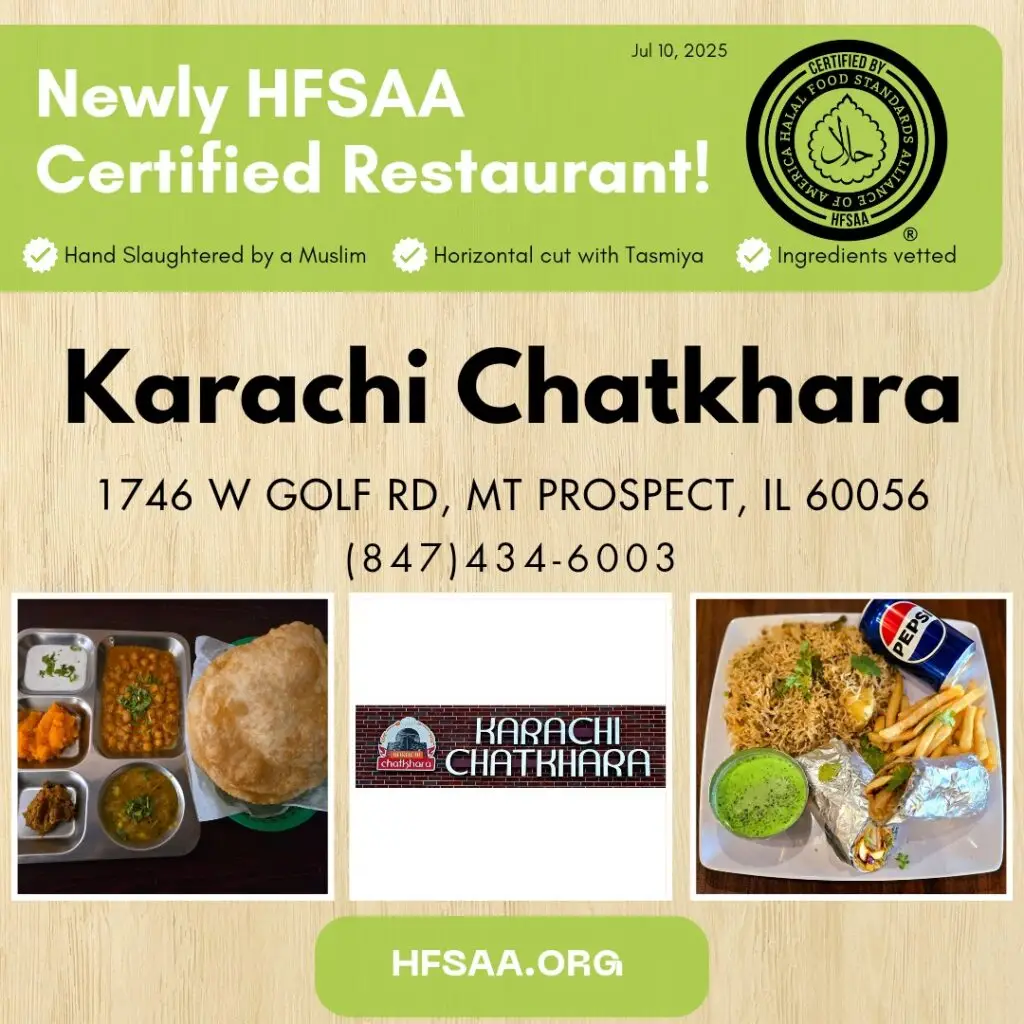 HFSAA certified halal restaurant certificate for Karachi Chatkhara in Mount Prospect Illinois