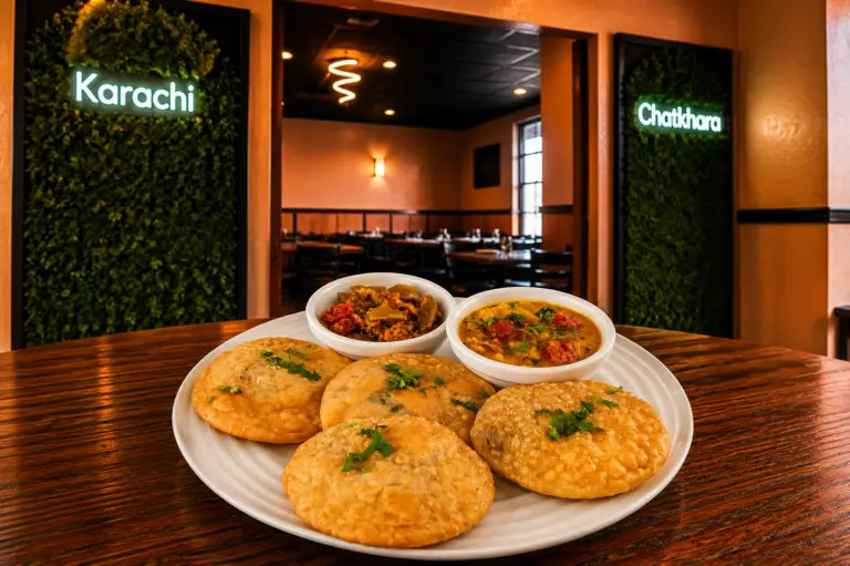Dal Kachori Chaat topped with yogurt chutney and chickpeas at Karachi Chatkhara Mount Prospect IL