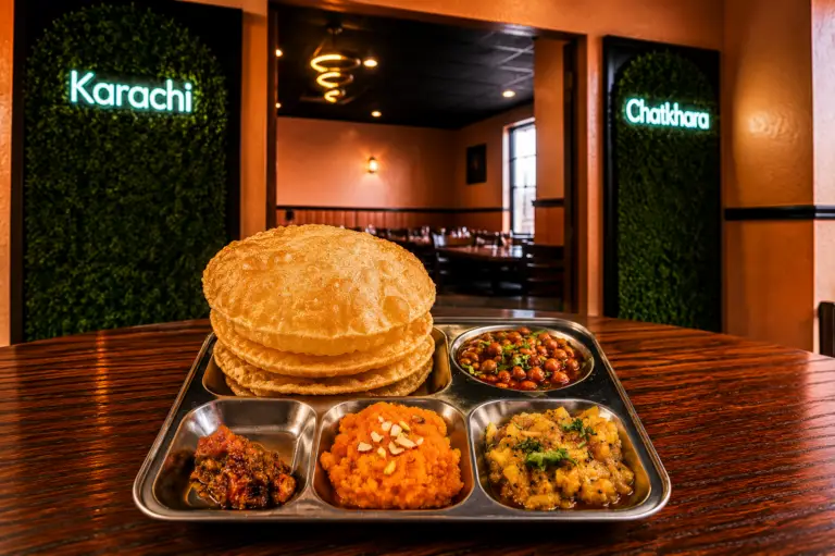 Halwa Puri traditional Pakistani breakfast at Karachi Chatkhara Mount Prospect